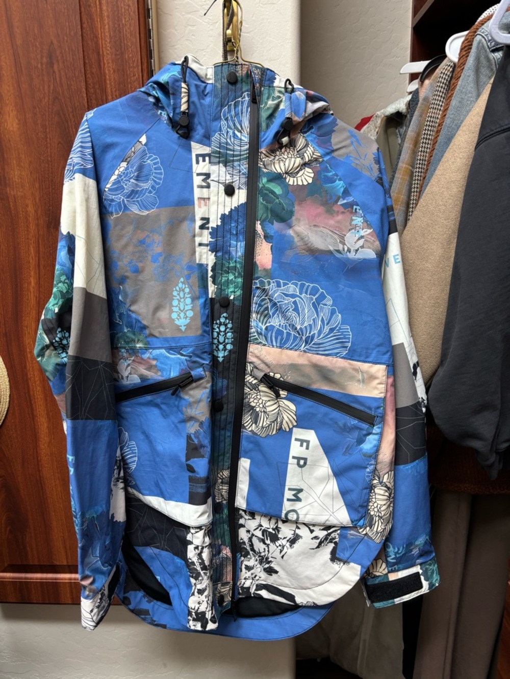 Free People Blue Floral Patchwork rainJacket with Pink Accents new without tags